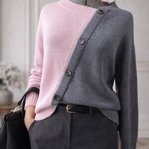 Zaket & Plover NWT Asymmetrical Button Sweater Pink Grey Cotton Small